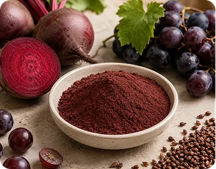 Grape skin powder with the fruit it comes from. Only the skin fraction is used here.